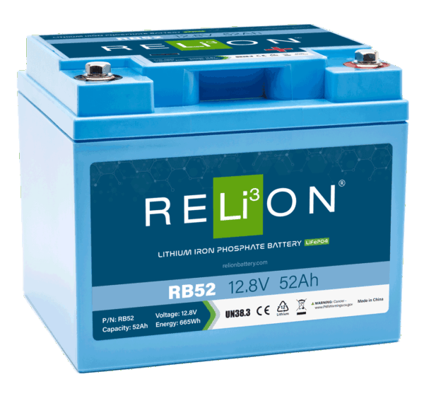 Relion Battery, Legacy Series, Group 31, 12 Volt, 52 Ah Capacity, M8 Threaded Stud Top Terminals, Lithium Iron Phosphate, 7.8 Inch Length – RB52