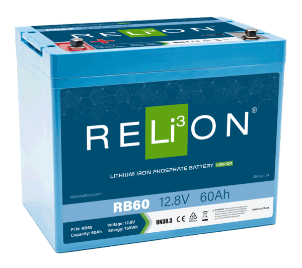Relion Battery, Legacy Series, Group 24, 12 Volt, 60 Ah Capacity, M8 Threaded Stud Top Terminals, Lithium Iron Phosphate, 10.2 Inch Length – RB60