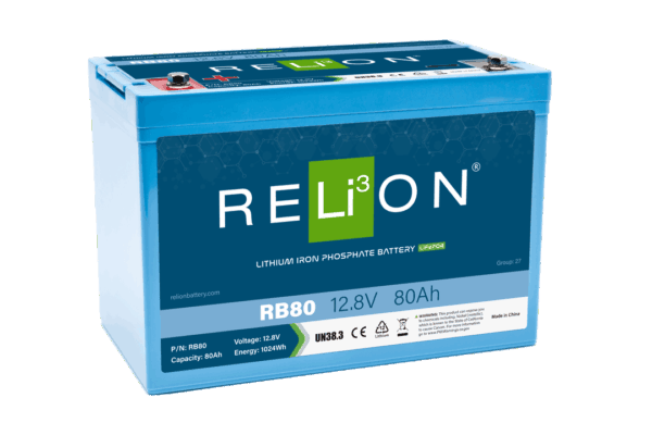 Relion Battery, Legacy Series, Group 27, 12 Volt, 80 Ah Capacity, M8 Threaded Stud Top Terminals, Lithium Iron Phosphate, 12 Inch Length – RB80