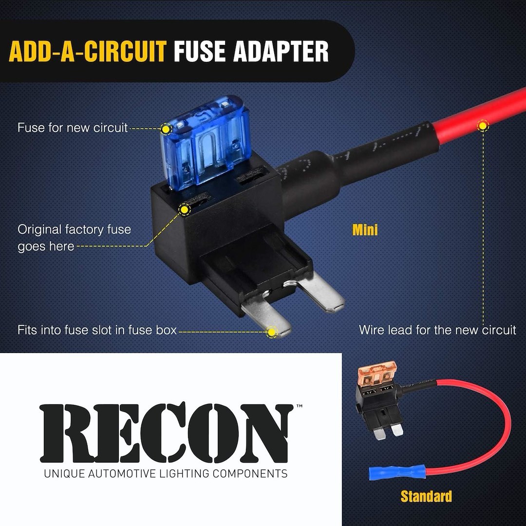 Recon Accessories Fuse Block Tap, Use with Vacant Energized Fuse Block Slot Without Splicing Into Vehicle Wiring – 264001FTR