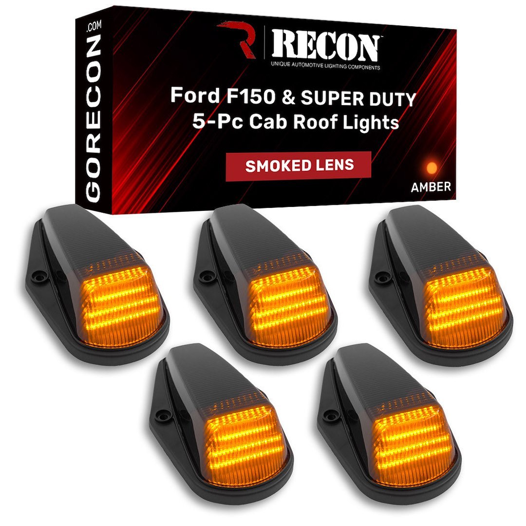 Recon Accessories Roof Marker Light, Direct Fit Tear-Drop, Smoke Lens, LED Bulb, Amber Bulb, Set of 5, With Wiring Harness and Hardware – 264100BK