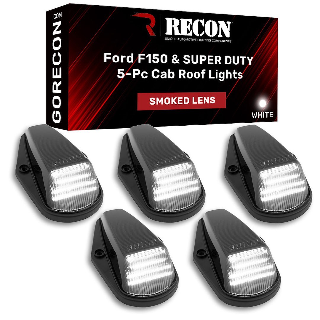 Recon Accessories Roof Marker Light, Direct Fit Tear-Drop, Smoke Lens, LED Bulb, White Bulb, Set of 5, With Wiring Harness and Hardware – 264100WHBK