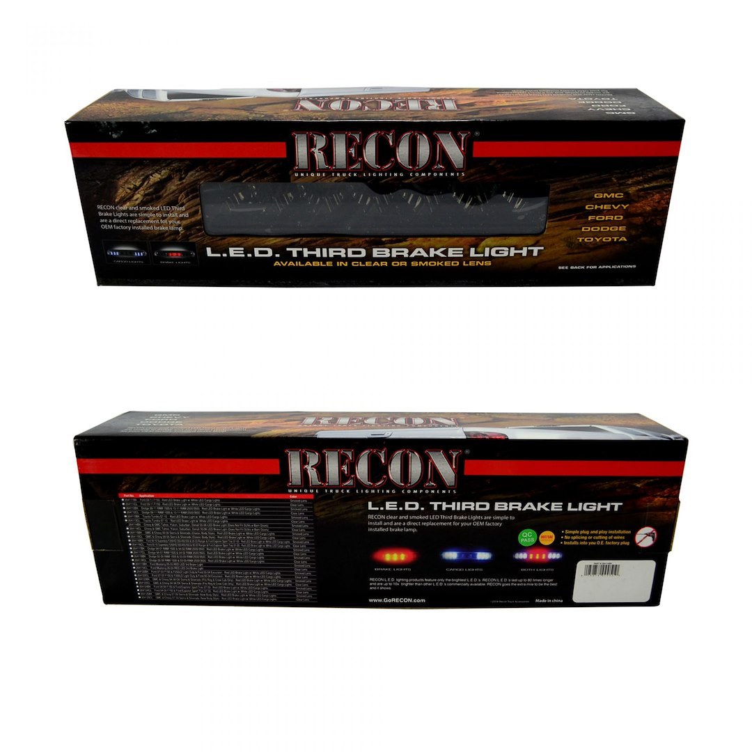 Recon Accessories Center High Mount Stop Light, LED, Smoke Lens, Red Brake Bulb/ White Cargo Light Bulb, With Cargo Light – 264115BK