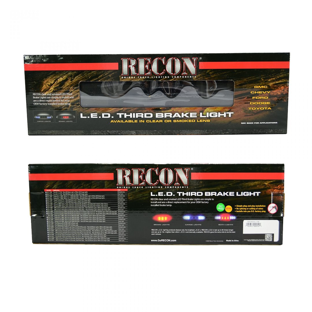 Recon Accessories Center High Mount Stop Light, LED, Smoke Lens, Red Brake Bulb/ White Cargo Light Bulb, With Cargo Light – 264125BK