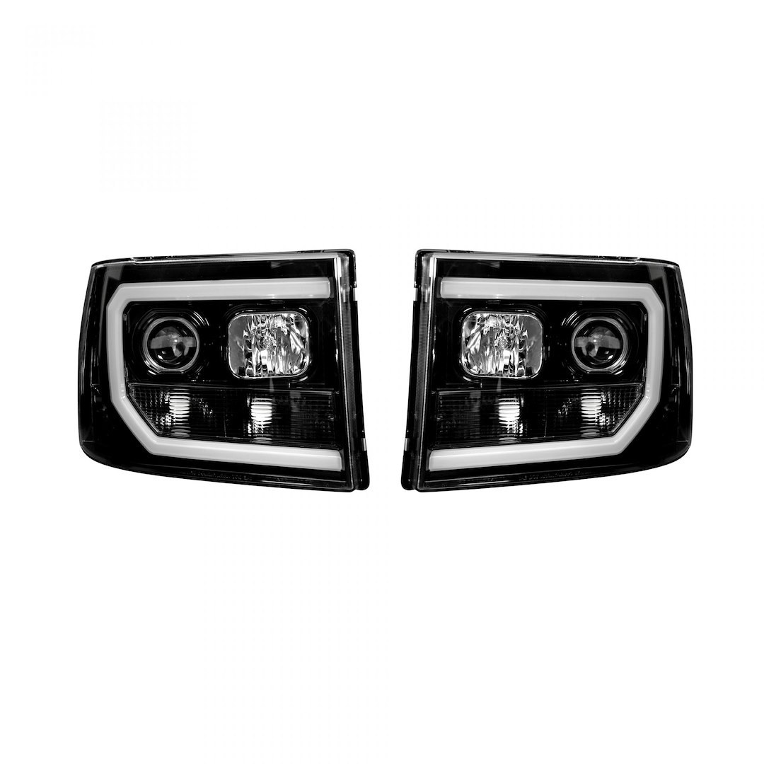 Recon Accessories Headlight Assembly, Halogen Bulb, Projector Beam with Oled Halos/ Daytime Running Lights, H1 Low Beam/ H1 High Beam – 264271BKC