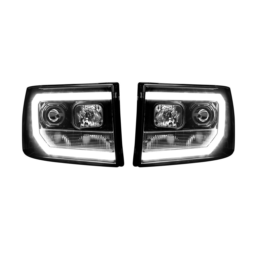 Recon Accessories Headlight Assembly, Halogen Bulb, Projector Beam with Oled Halos/ Daytime Running Lights, H1 Low Beam/ H1 High Beam – 264271BKC