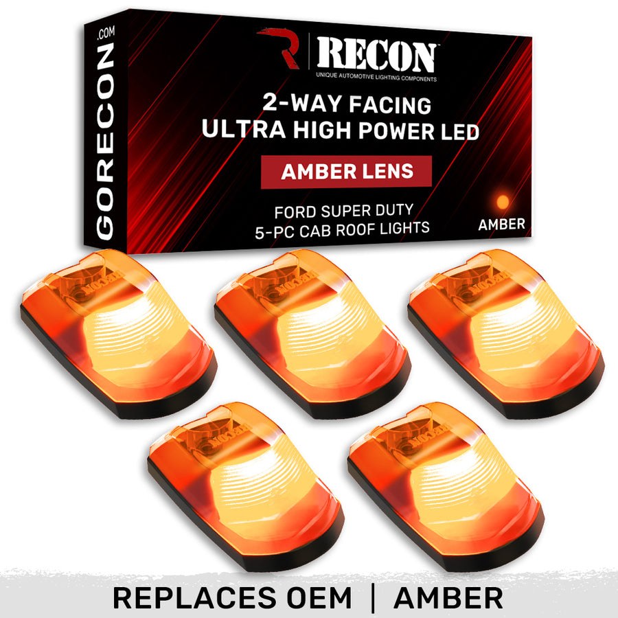 Recon Accessories Roof Marker Light, Amber ABS Plastic Lens, 2-WAY Front/ Rear Facing Ultra High Power LED, Amber Bulb, Set of 5 – 264443AMHPAM