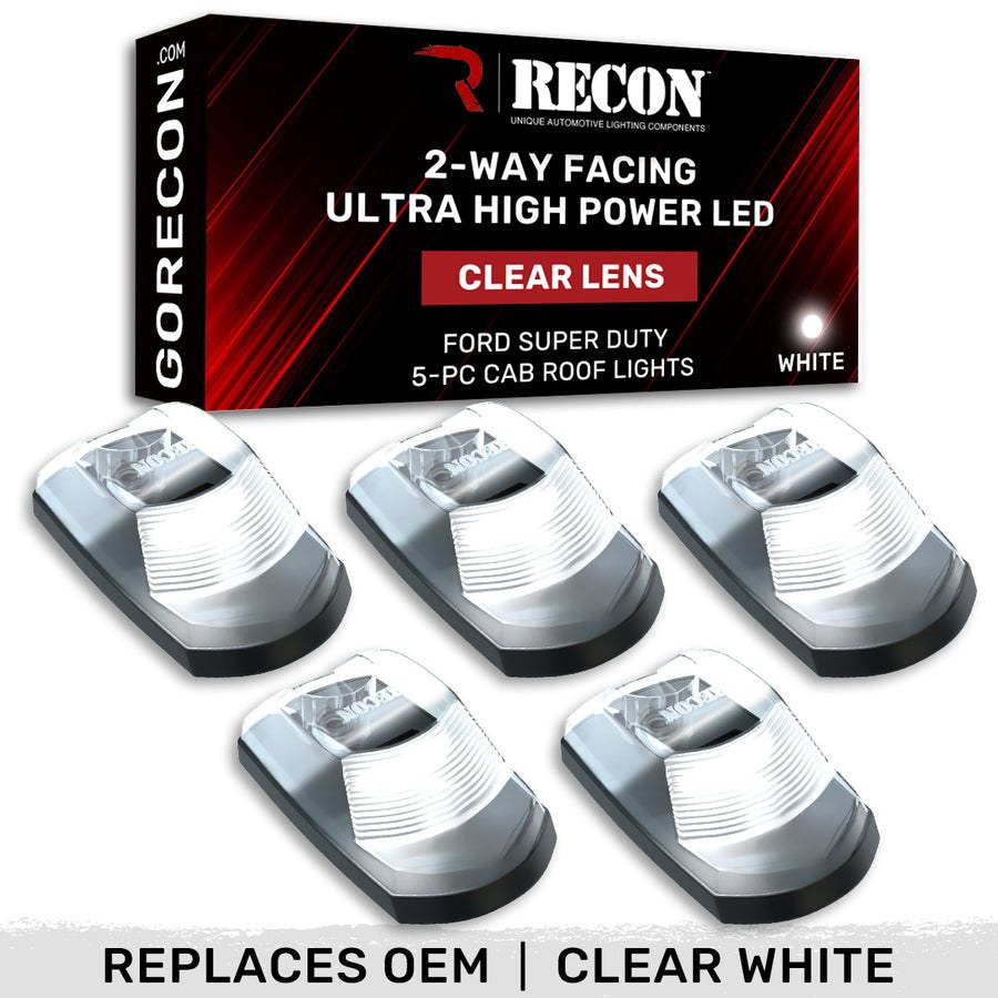 Recon Accessories Roof Marker Light, Clear ABS Plastic Lens, 2-WAY Front/ Rear Facing Ultra High Power LED, White Bulb, Set of 5 – 264443CLHPWH