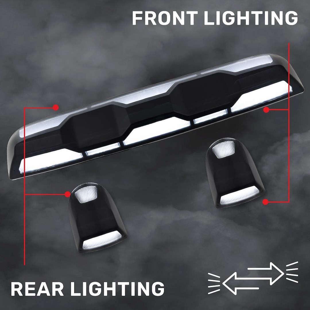 Recon Accessories Roof Marker Light, Direct Fit OEM Style, Clear Lens, LED Bulb, White Bulb, With 1 Center Bar and 2 Single Lights – 264158CLHPWH