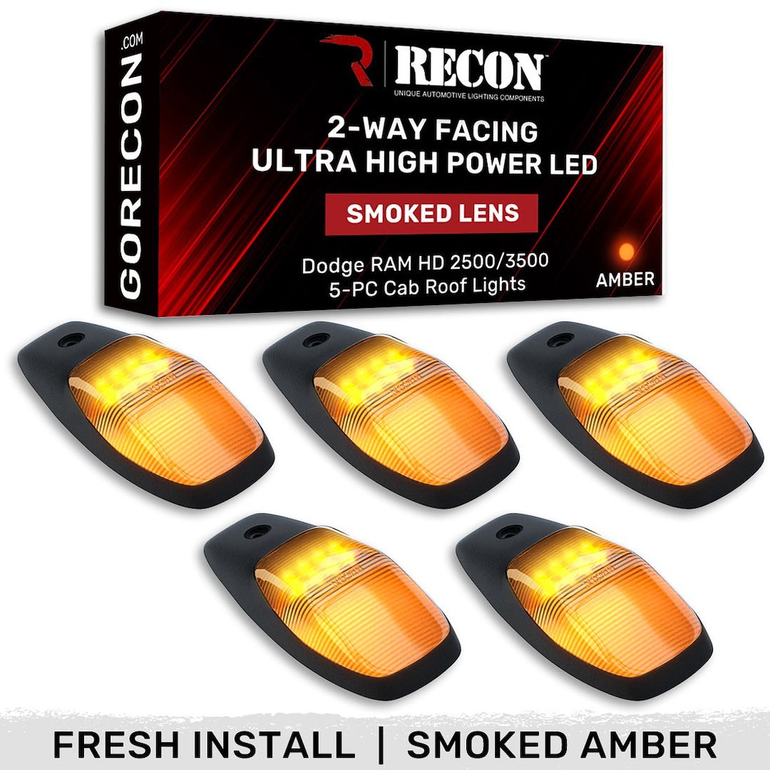 Recon Accessories Roof Marker Light, Smoke ABS Plastic Lens, 2-WAY Front/ Rear Facing Ultra High Power LED, Amber Bulb, Set of 5 – 264345BKHPAM