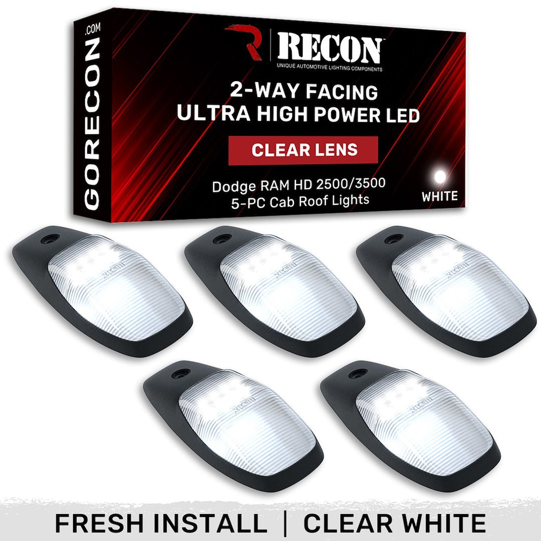 Recon Accessories Roof Marker Light, Clear ABS Plastic Lens, Oled Running Lights, White Bulb, Set of 5 – 264345CLHPWH