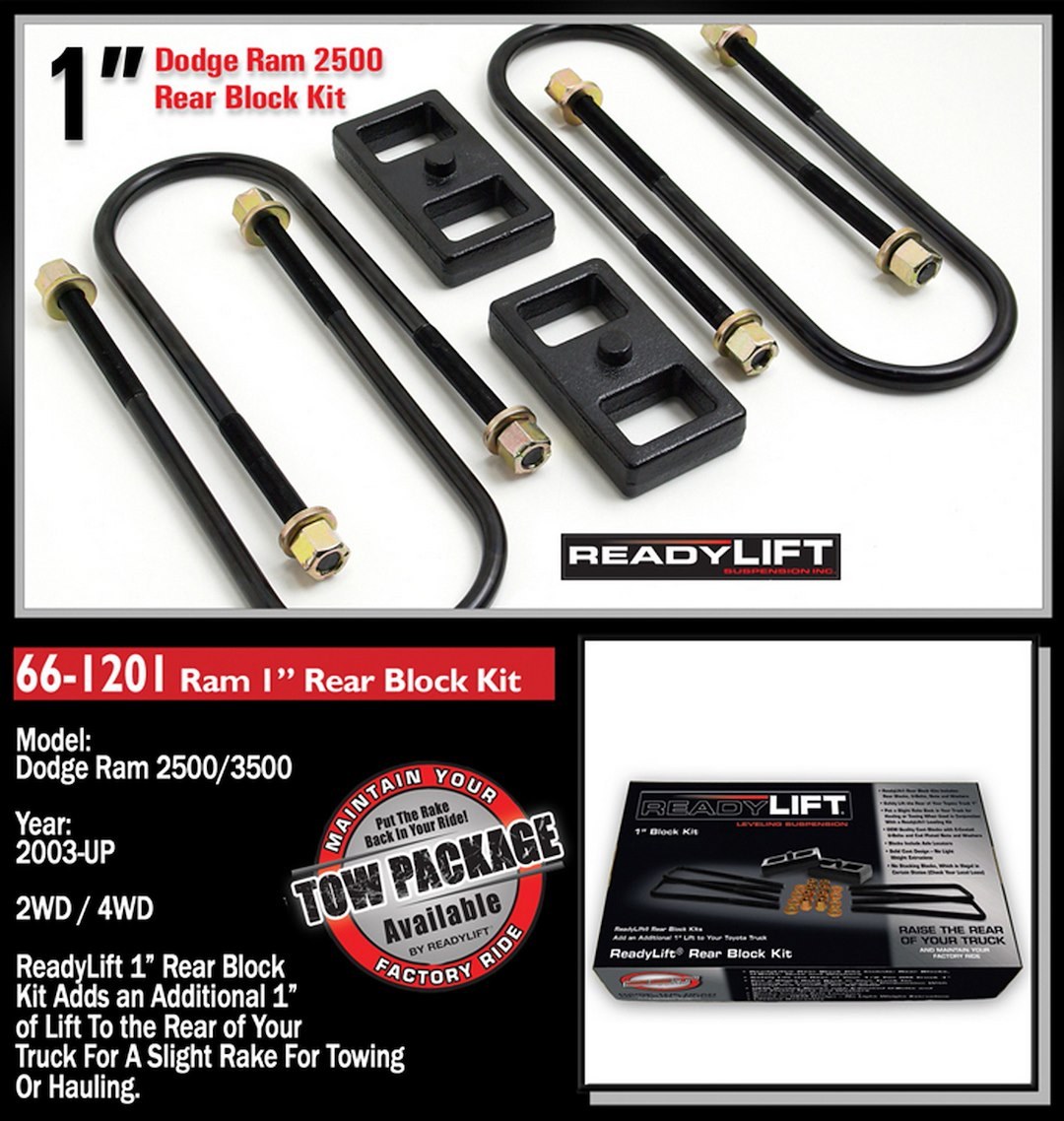 ReadyLIFT Leaf Spring Block Kit, 1 Inch Rear Lift, Cast Iron, Includes 2 Rear Blocks/4 U-Bolts and Hardware – 66-1201