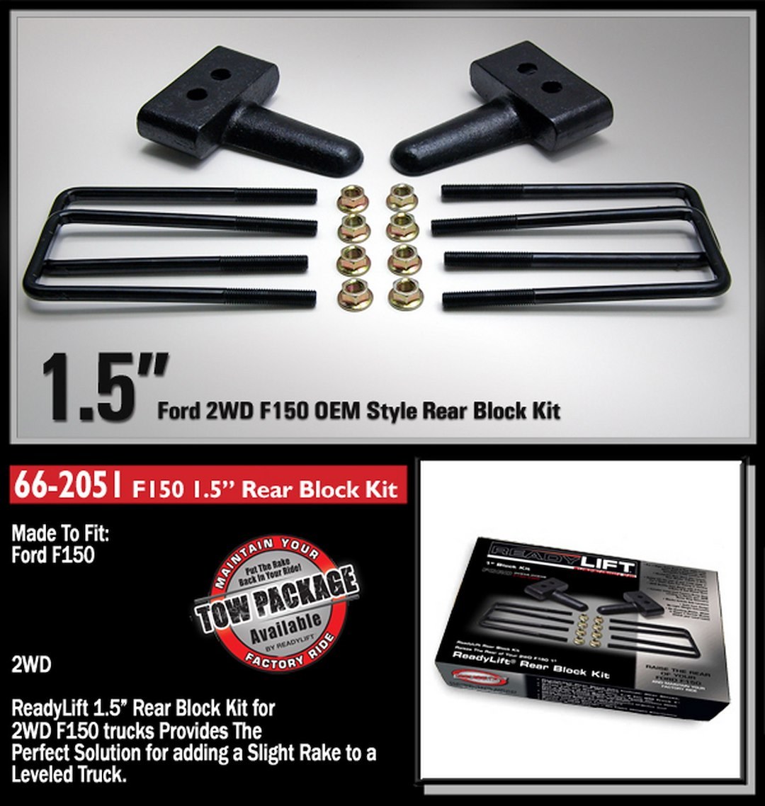 ReadyLIFT Leaf Spring Block Kit, 1.5 Inch Rear Lift, Cast Iron, Includes 2 Rear Blocks/4 U-Bolts and Hardware – 66-2051