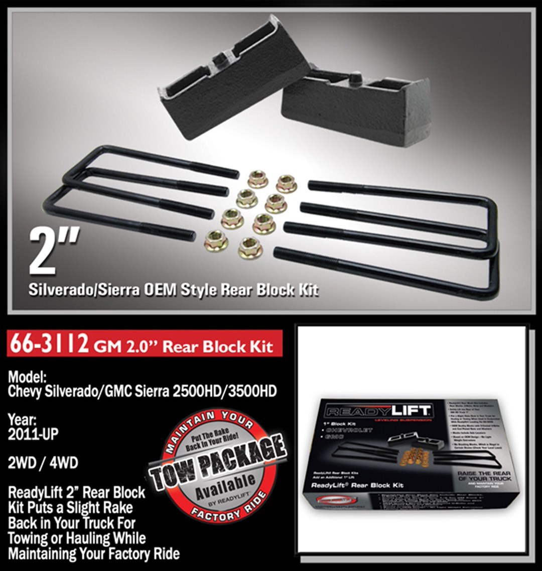ReadyLIFT Leaf Spring Block Kit, 2 Inch Rear Lift, Cast Iron, Includes 2 Rear Blocks/4 U-Bolts and Hardware – 66-3112