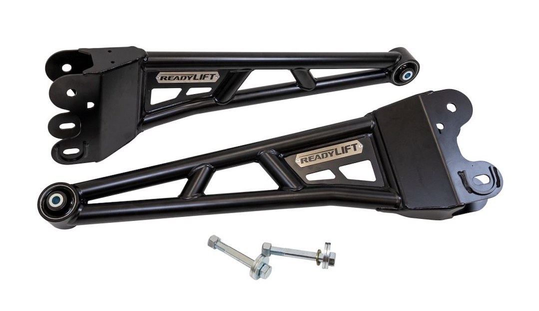 ReadyLIFT Radius Arm, 2-1/2 to 4 Inch Lift, Non Adjustable, Powder Coated, Black, Set of 2 with Cam Bolt Kit – 77-27400