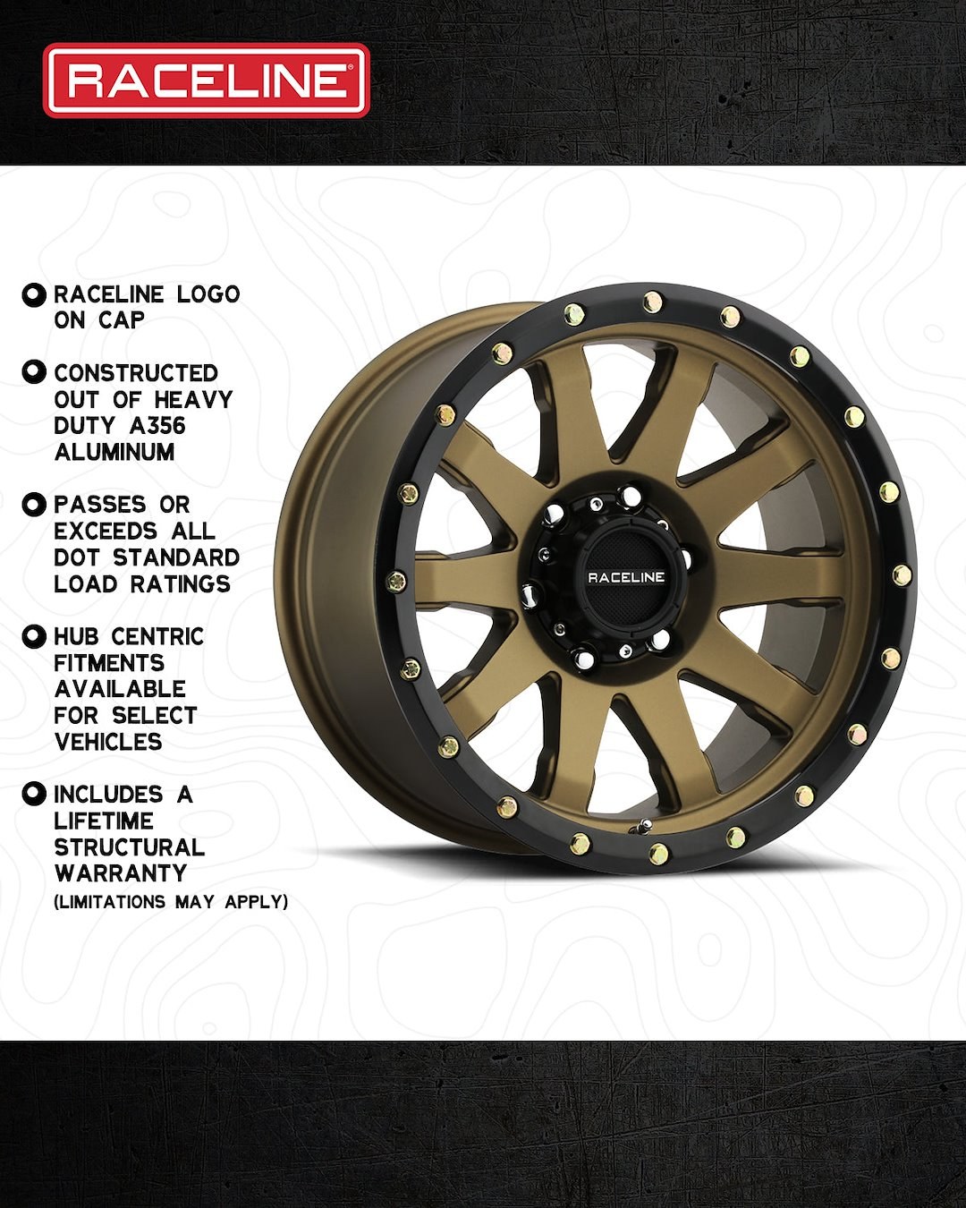 Raceline Wheel, 934BZ Clutch, 17 Inch Diameter X 9 Inch Width, 8 X 165.1 Millimeter/ 8 X 6.50 Inch Bolt Pattern – 934BZ-79080-12
