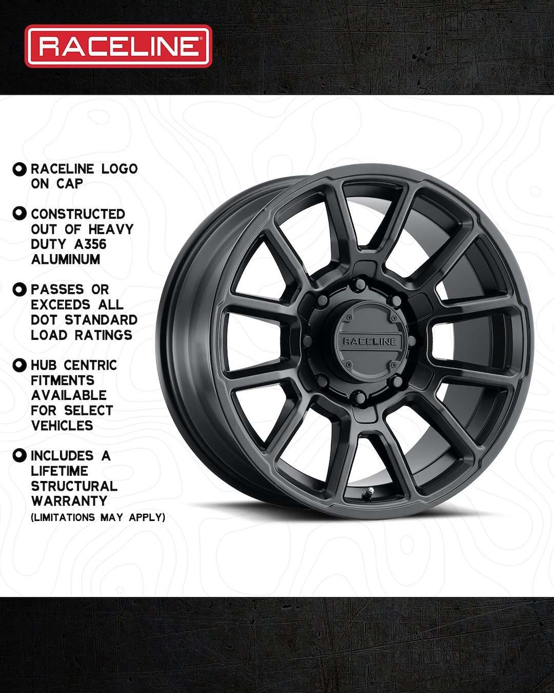 Raceline Wheel, 950B Gauge, 20 Inch Diameter X 10 Inch Width, 5 X 127 Millimeter/ 5 X 5.00 Inch Bolt Pattern – 950B-21050-19