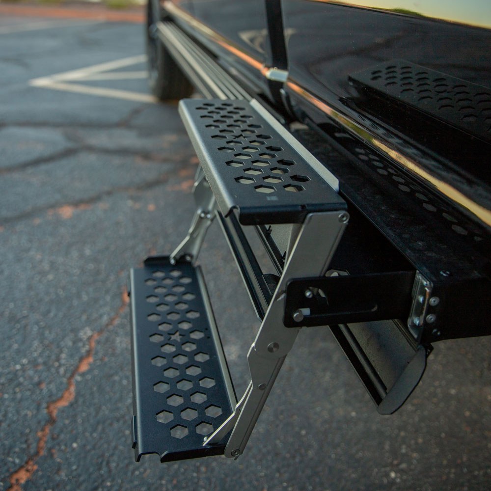 Rock Slide Truck Step, R-Step, Multi-Mount, Single, Two Flat Step, Extendable, Powder Coated, Textured Black, Steel, 16 Inch Width – RS-100-16