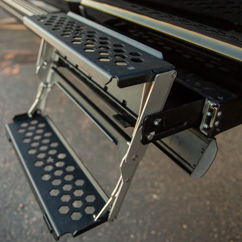 Rock Slide Truck Step, R-Step, Multi-Mount, Single, Two Flat Step, Extendable, Powder Coated, Textured Black, Steel, 16 Inch Width – RS-100-16