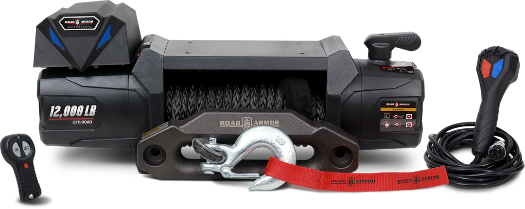Road Armor Winch, Adventurer, Vehicle Mounted, 12 Volt Electric, Non-Intergrated, 12000 Pound Line Pull Capacity, Wired Remote – RA10801075