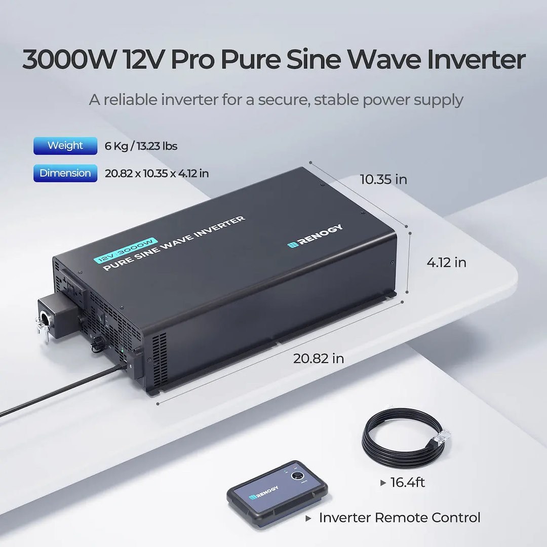 Renogy Power Inverter, P2 Pro Series, Inverts 12 Volt DC to 120 Volt AC, 3000 Continuous/ 6000 Peak Watts – RIV1230P2-126-G1-US