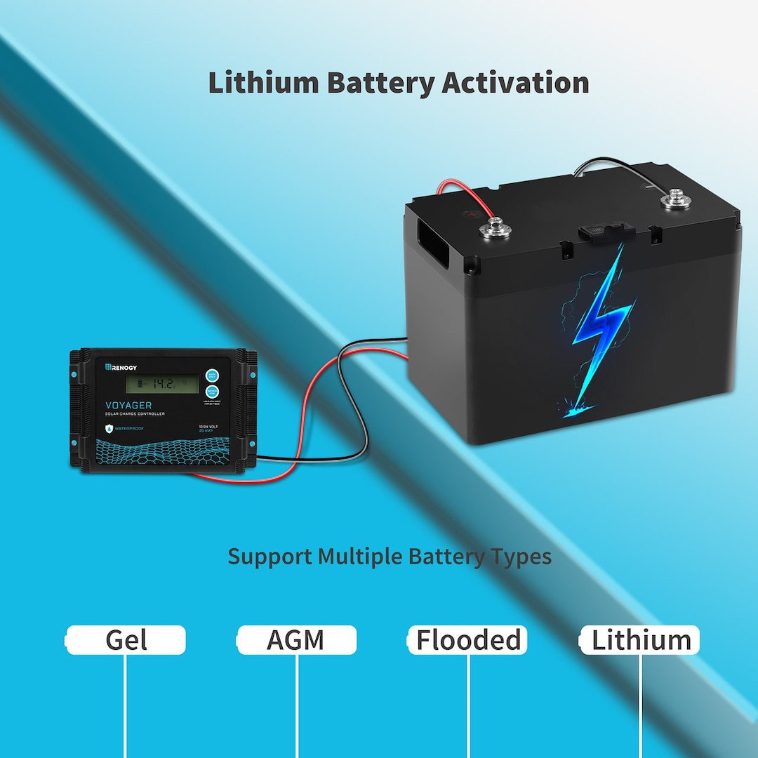 Renogy Battery Charger Controller, Voyager, Use with Sealed AGM/ Gel/ Flooded Lead-Acid/ Lithium Iron Phosphate (LifePO4) Batteries – RCC20VOYP-G1-US