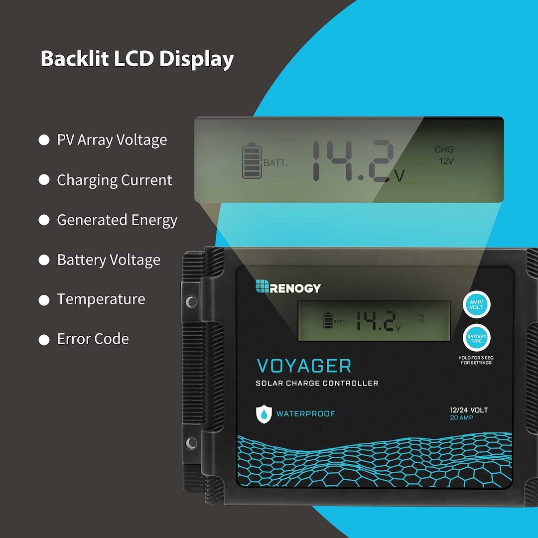 Renogy Battery Charger Controller, Voyager, Use with Sealed AGM/ Gel/ Flooded Lead-Acid/ Lithium Iron Phosphate (LifePO4) Batteries – RCC20VOYP-G1-US