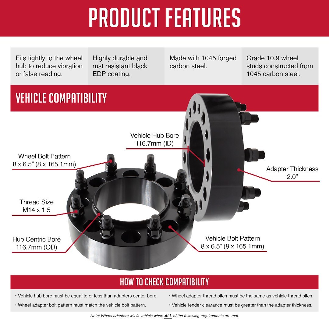 Revolution Gear & Axle Wheel Adapter, 8 X 165.1 Millimeter/ 8 X 6.50 Inch Axle Bolt Circle, 14 X 1.5 Thread Size Studs, 2 Inch Thick – 8650-8650HS-E14