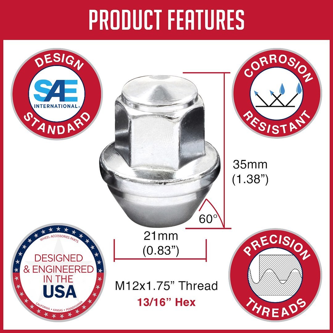 Revolution Gear & Axle Lug Nut, 5 Lug Kit, 14 Millimeter X 1.5 Thread Size, 60 Degree Conical Bulge, Acorn, 1.45 Inch Overall Length – 12K548