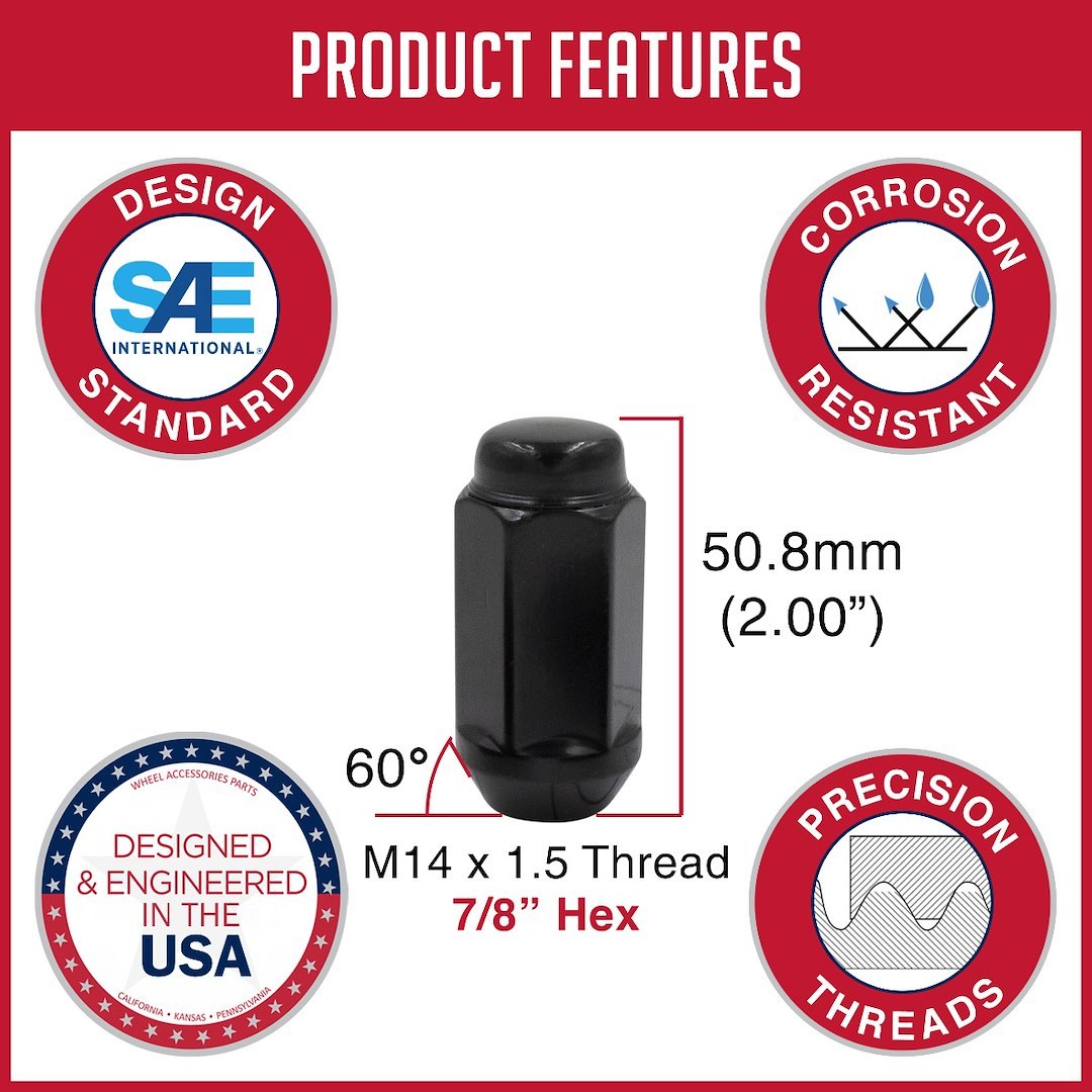 Revolution Gear & Axle Lug Nut, 6 Lug Kit, 14 Millimeter X 1.5 Thread Size, 60 Degree Conical, Acorn Duplex, 2 Inch Overall Length – 13K648BLK