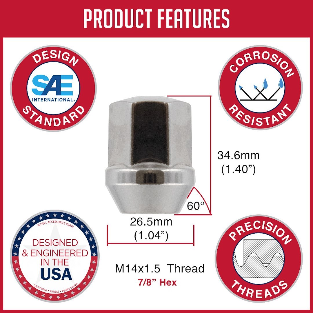 Revolution Gear & Axle Lug Nut, 14 Millimeter X 1.5 Thread Size, 60 Degree Conical, Acorn, 1.36 Inch Overall Length – 141148