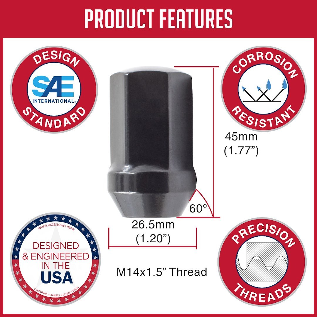 Revolution Gear & Axle Lug Nut, 14 Millimeter X 1.5 Thread Size, 60 Degree Conical, Acorn, 1.77 Inch Overall Length – 531148LBLK