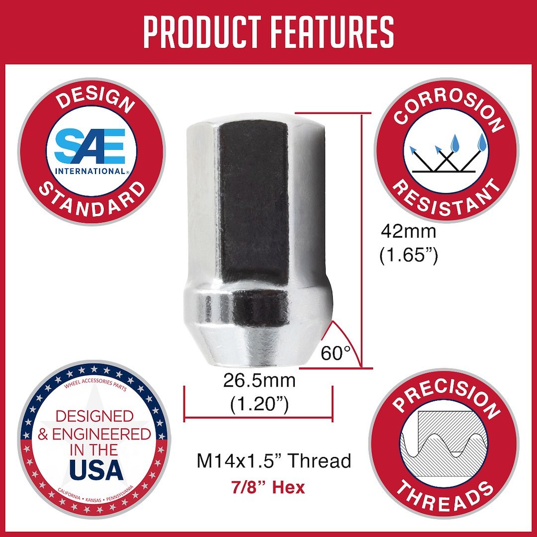 Revolution Gear & Axle Lug Nut, 5 Lug Kit, 14 Millimeter X 1.5 Thread Size, 60 Degree Conical, Acorn, 1.66 Inch Overall Length – 53K548