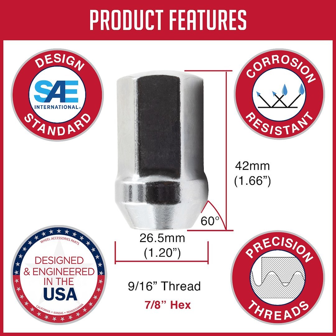 Revolution Gear & Axle Lug Nut, 9/16 Inch X 18 Thread Size, 60 Degree Conical, Acorn, 1.66 Inch Overall Length, 7/8 Inch Hex Size – 53K567