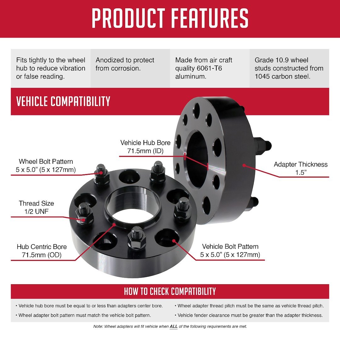 Revolution Gear & Axle Wheel Adapter, 5 X 127 Millimeter/ 5 X 5.00 Inch Axle Bolt Circle, Hub Centric, 1/2 Inch X 20 Thread Size Studs – 5500-5500H-B