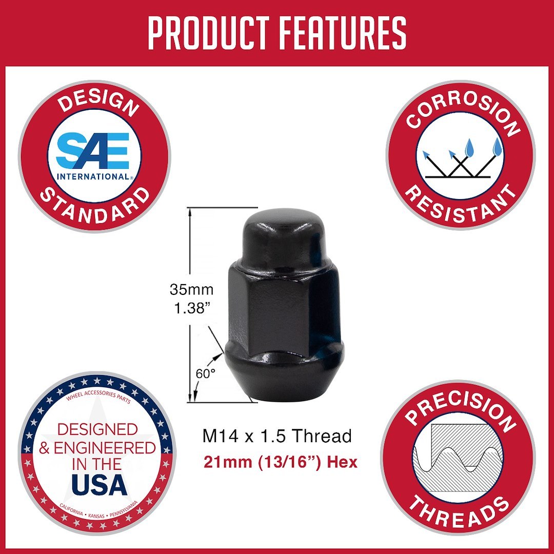 Revolution Gear & Axle Lug Nut, 14 Millimeter X 1.5 Thread Size, 60 Degree Conical Bulge, Acorn, 1.38 Inch Overall Length – 561148BLK