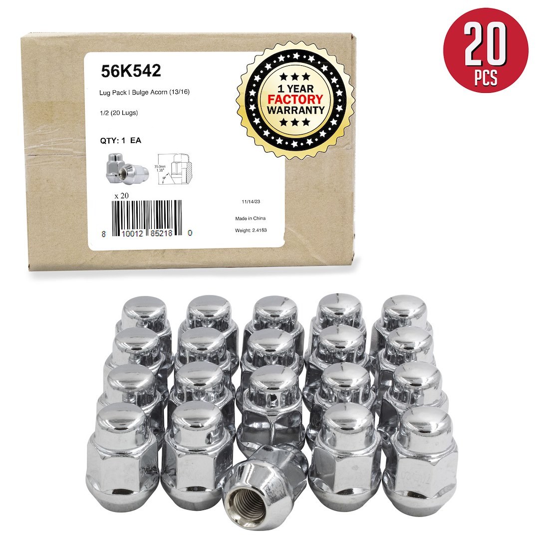 Revolution Gear & Axle Lug Nut, 5 Lug Kit, 1/2 Inch X 20 Thread Size, 60 Degree Conical Bulge, Acorn, 1.38 Inch Overall Length – 56K542