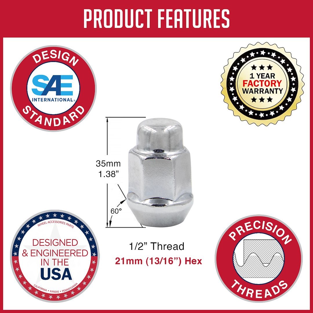 Revolution Gear & Axle Lug Nut, 5 Lug Kit, 1/2 Inch X 20 Thread Size, 60 Degree Conical Bulge, Acorn, 1.38 Inch Overall Length – 56K542