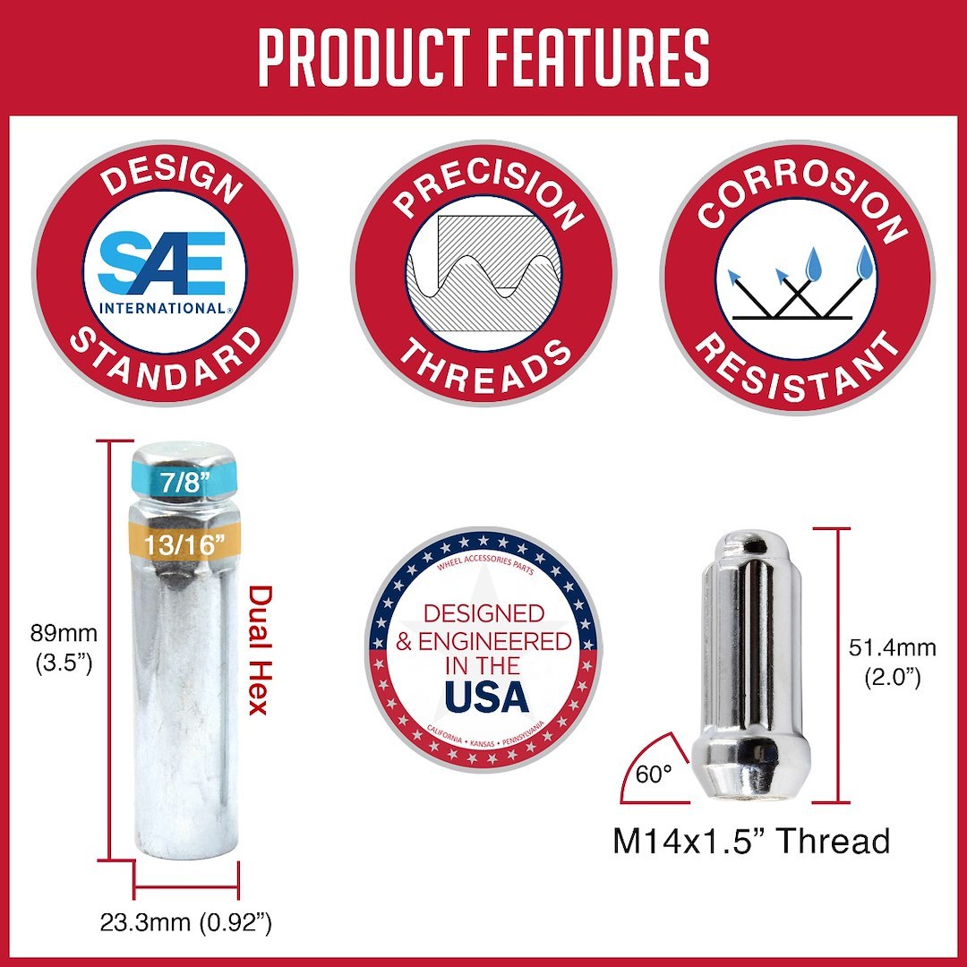Revolution Gear & Axle Lug Nut, 6 Lug Kit, 14 Millimeter X 1.5 Thread Size, 60 Degree Conical, Spline Drive, Acorn, 1.90 Inch Overall Length – 63K648