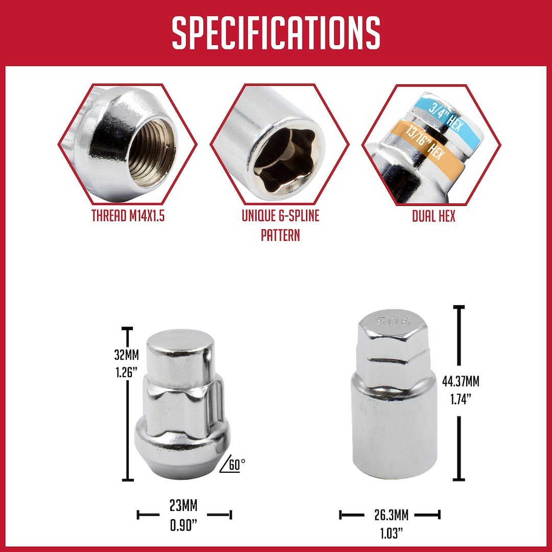 Revolution Gear & Axle Wheel Lock, Lug Nut Lock, 14 Millimeter X 1.5 Thread Size, 60 Degree Conical Bulge, Acorn, 1.26 Inch Overall Length – 741148B