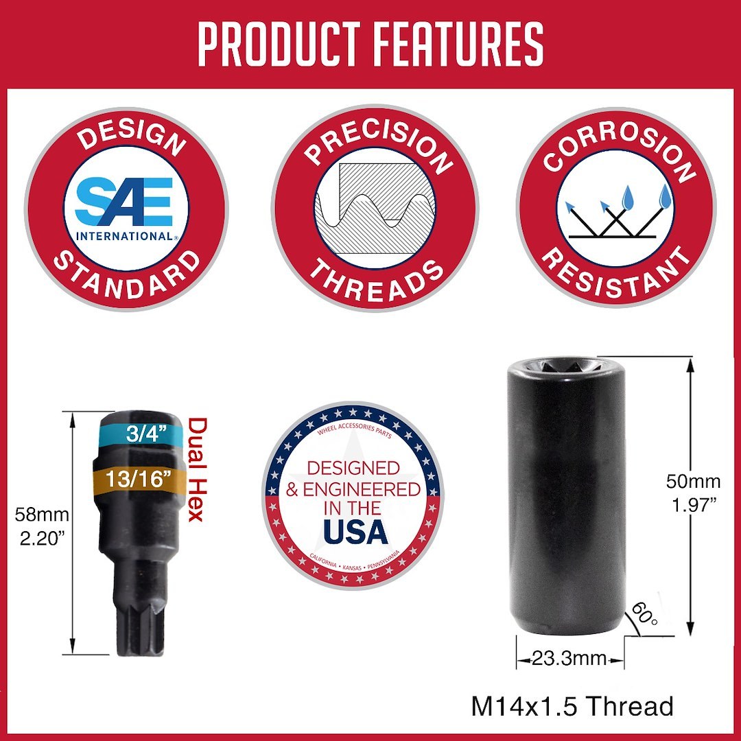 Revolution Gear & Axle Lug Nut, 5 Lug Kit, 14 Millimeter X 1.5 Thread Size, 60 Degree Conical, Tuner Acorn Duplex, 2 Inch Overall Length – 78K548XLBLK