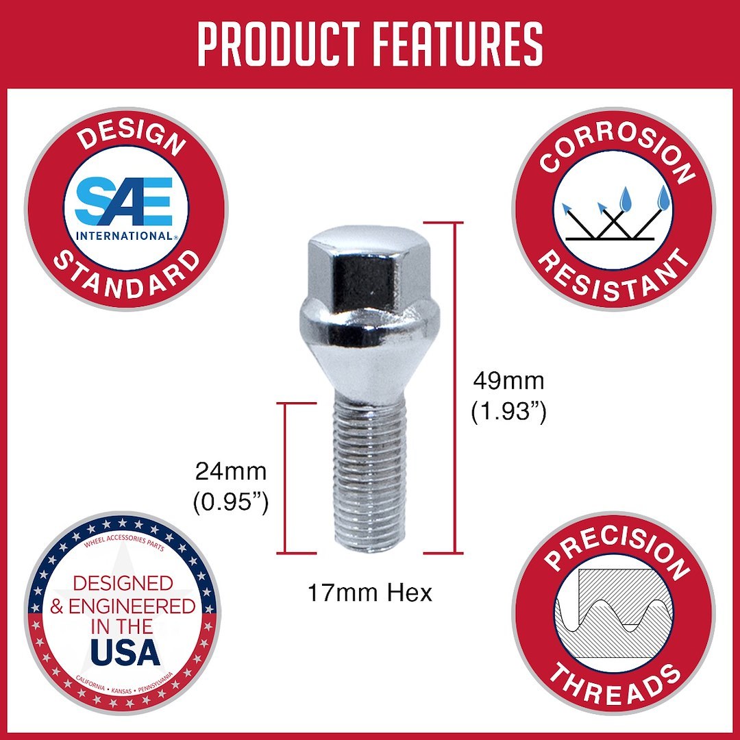 Revolution Gear & Axle Lug Bolt, 5 Lug Kit, 12 Millimeter X 1.25 Thread Size, 60 Degree Conical, Acorn Extra Long, 0.93 Inch Shank Length – 84K549-24