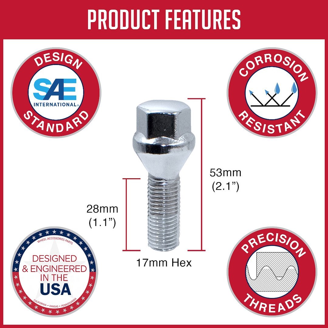 Revolution Gear & Axle Lug Bolt, 5 Lug Kit, 12 Millimeter X 1.25 Thread Size, 60 Degree Conical, Acorn Duplex, 1.10 Inch Shank Length – 84K549-28
