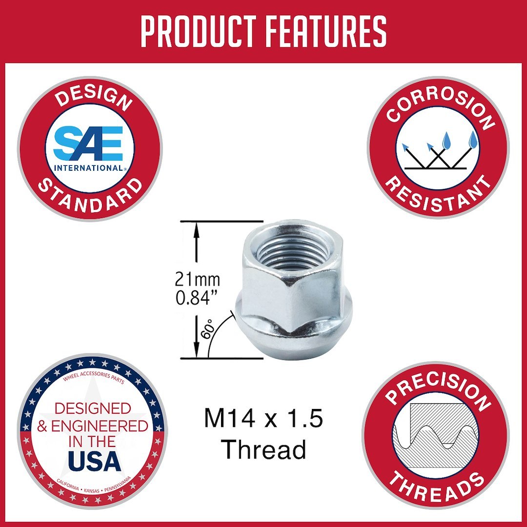Revolution Gear & Axle Lug Nut, 8 Lug Kit, 14 Millimeter X 1.5 Thread Size, 60 Degree Conical Bulge Open End, Acorn Open End – 88K848