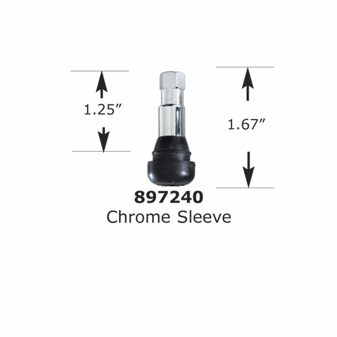 Revolution Gear & Axle Valve Stem, Snap IN Mount, 1.67 Inch Length, Max Pressure 65 PSI, Chrome Plated, Rubber with Chrome Sleeve, Single – 897240