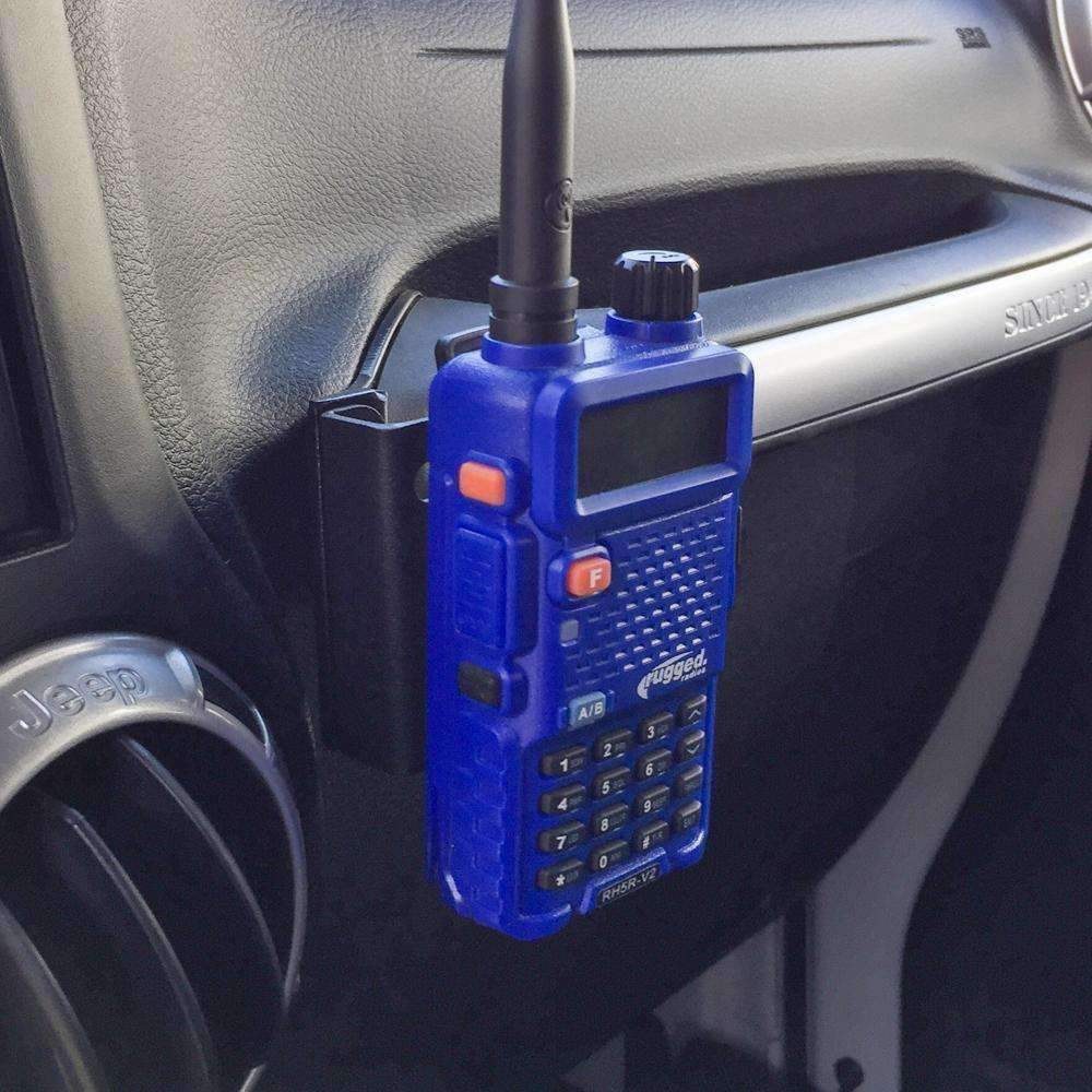 Rugged Radio Gmrs Radio Mount, For V3/ GMR2/ RH-5R Radios, Mounts on Grab Bar, Anodized Finish, Black, With Mounting Hardware – JK-RH-MT
