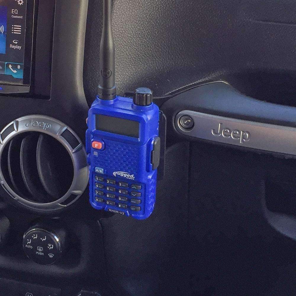 Rugged Radio Gmrs Radio Mount, For V3/ GMR2/ RH-5R Radios, Mounts on Grab Bar, Anodized Finish, Black, With Mounting Hardware – JK-RH-MT