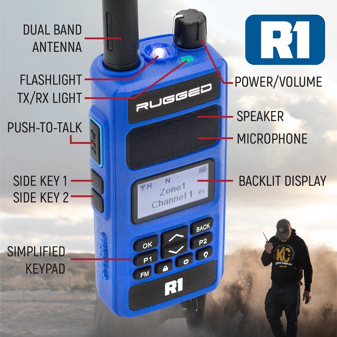 Rugged Radio Ham Radio, Handheld, 136 Mhz to 174 Mhz and 400 Mhz to 480 Mhz Frequency, 1024 Channels and 250 Zone Capacity, 7.4 Volt DC – R1
