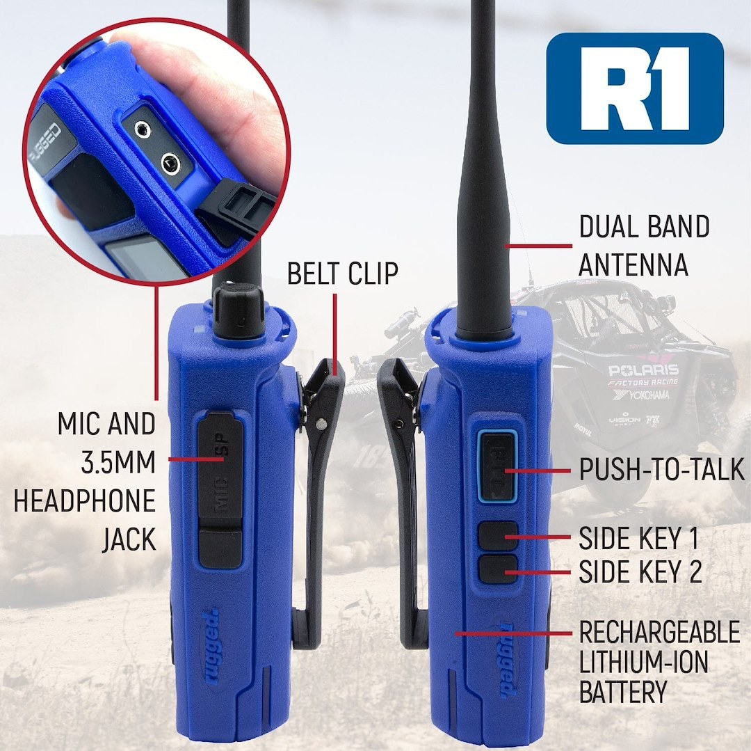 Rugged Radio Ham Radio, Handheld, 136 Mhz to 174 Mhz and 400 Mhz to 480 Mhz Frequency, 1024 Channels and 250 Zone Capacity, 7.4 Volt DC – R1