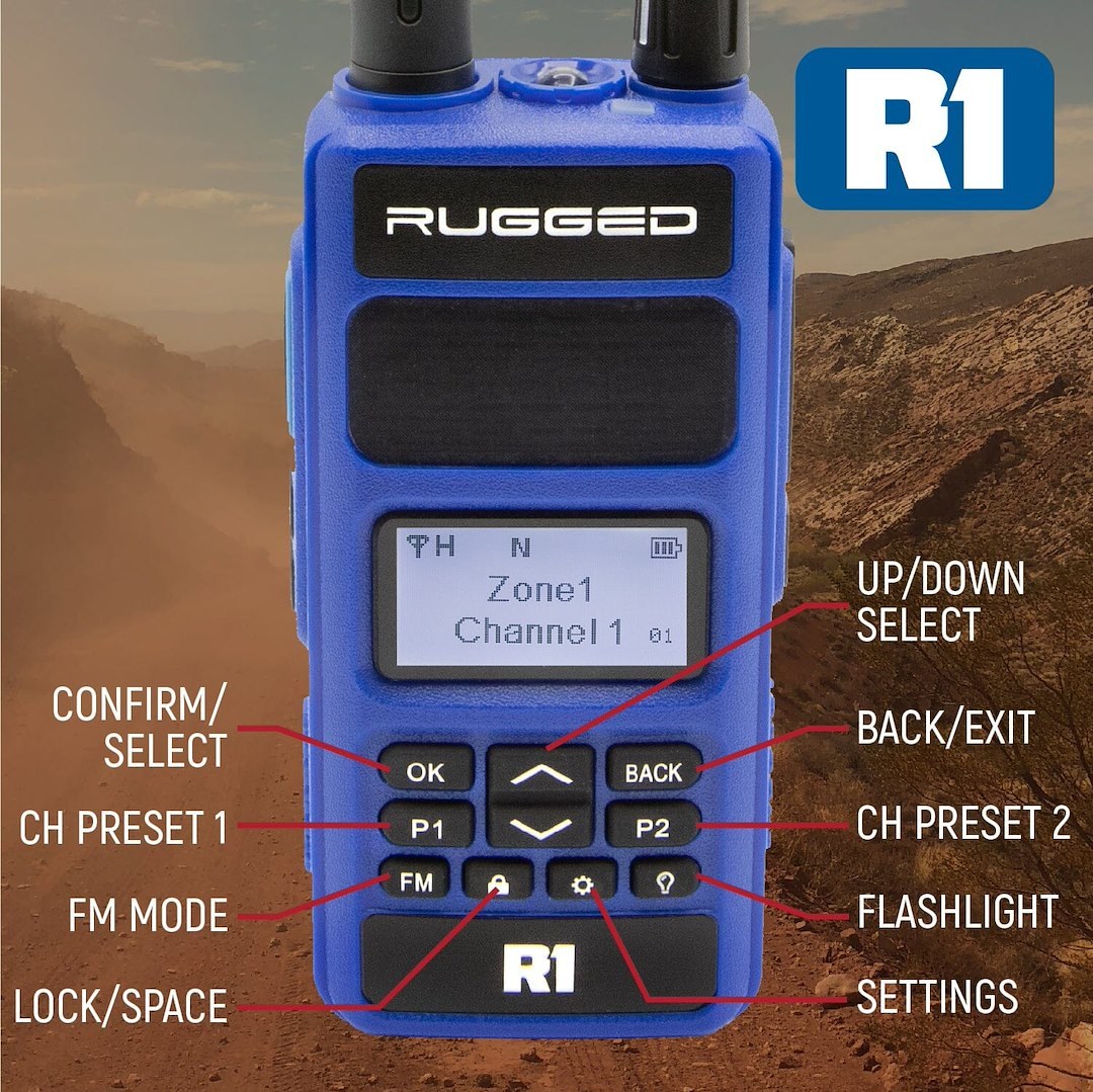 Rugged Radio Ham Radio, Handheld, 136 Mhz to 174 Mhz and 400 Mhz to 480 Mhz Frequency, 1024 Channels and 250 Zone Capacity, 7.4 Volt DC – R1